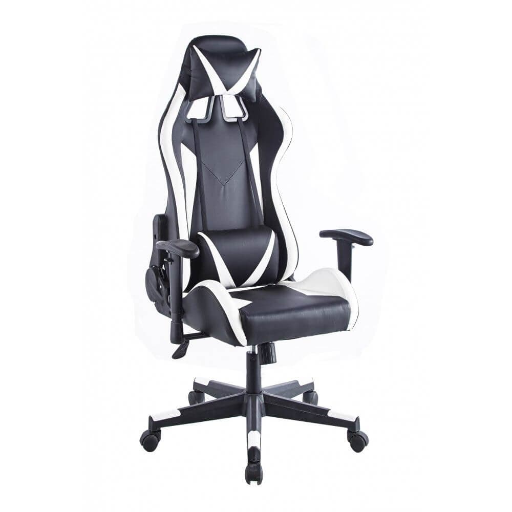 Silla gamer negra con detalles blancos