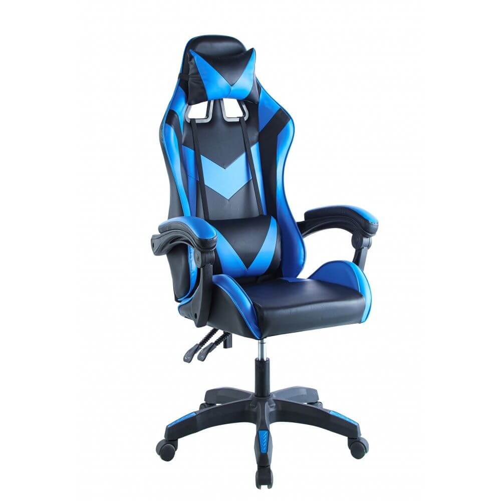 Silla gaming negra con detalles azules