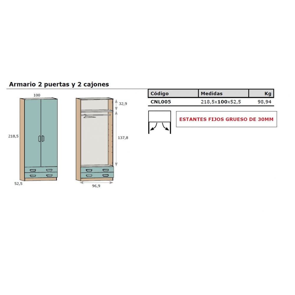 Armario De 2 Puertas y 2 Cajones Largos ( 100 Cm) Insideage miniatura 2