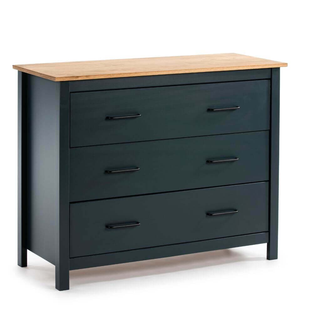 Cómoda de 3 cajones azul y roble