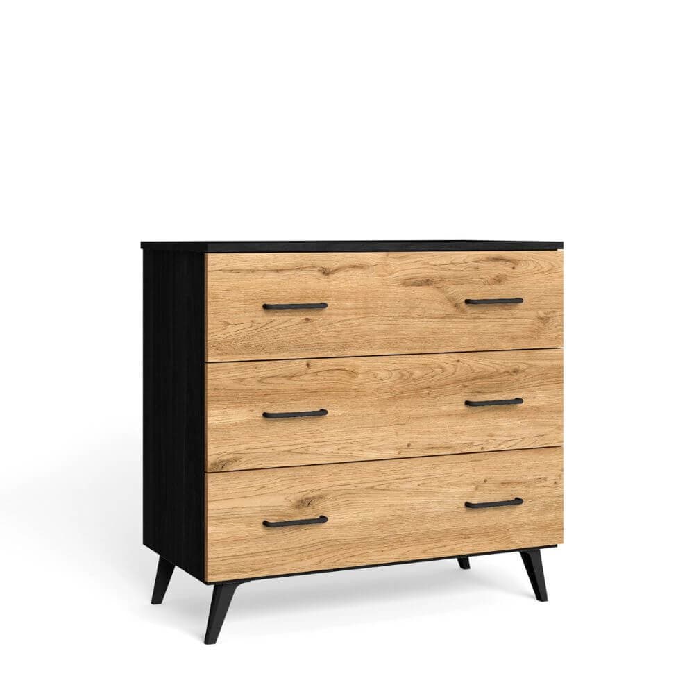 Cómoda con 3 cajones estructura negra y cajones natural