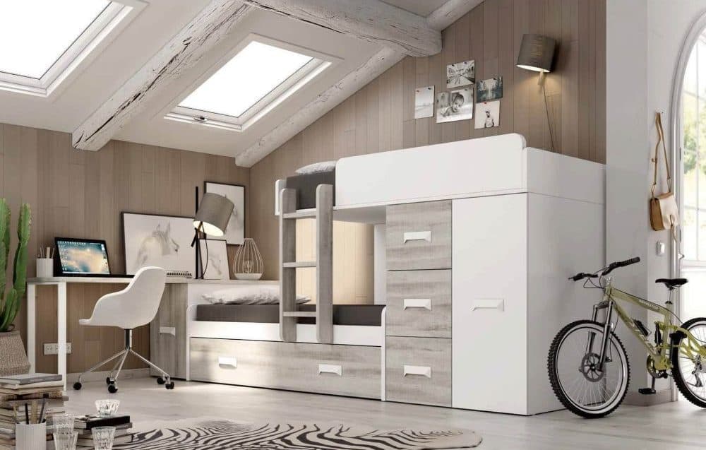 Composición Juvenil Con Litera, Vestidor, Zapatero Y Mesa De Estudio