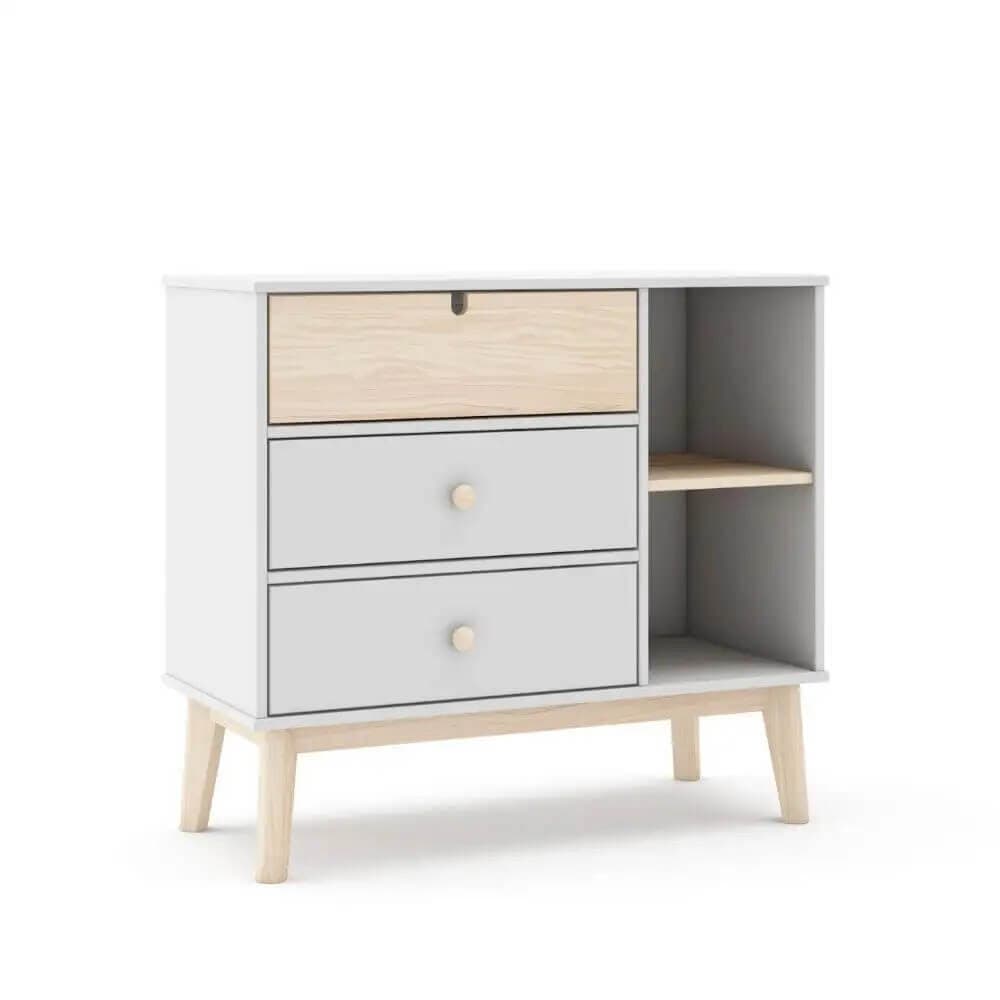 Cómoda de 3 cajones más 2 huecos blanca y roble