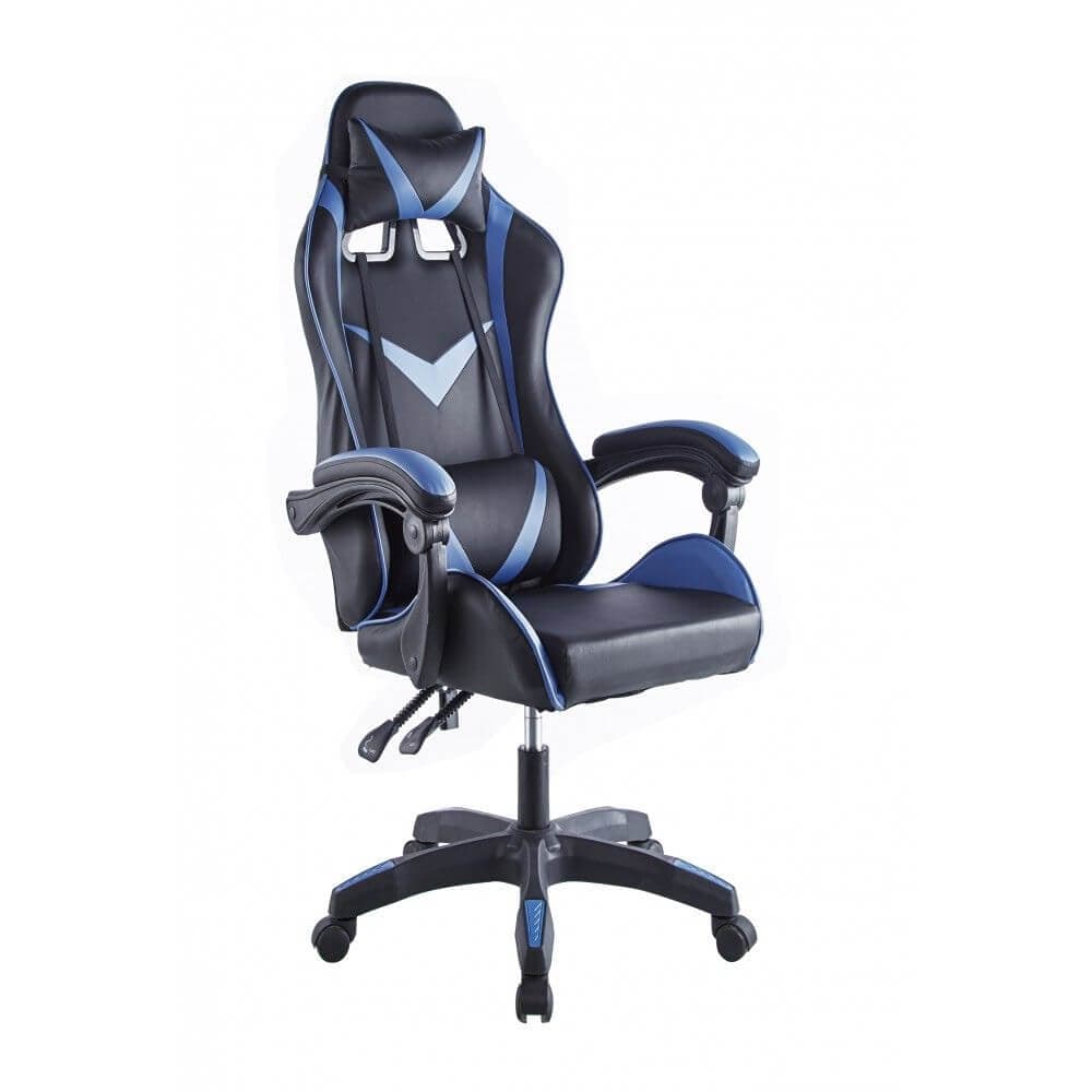 Silla gamer negra con detalles azules